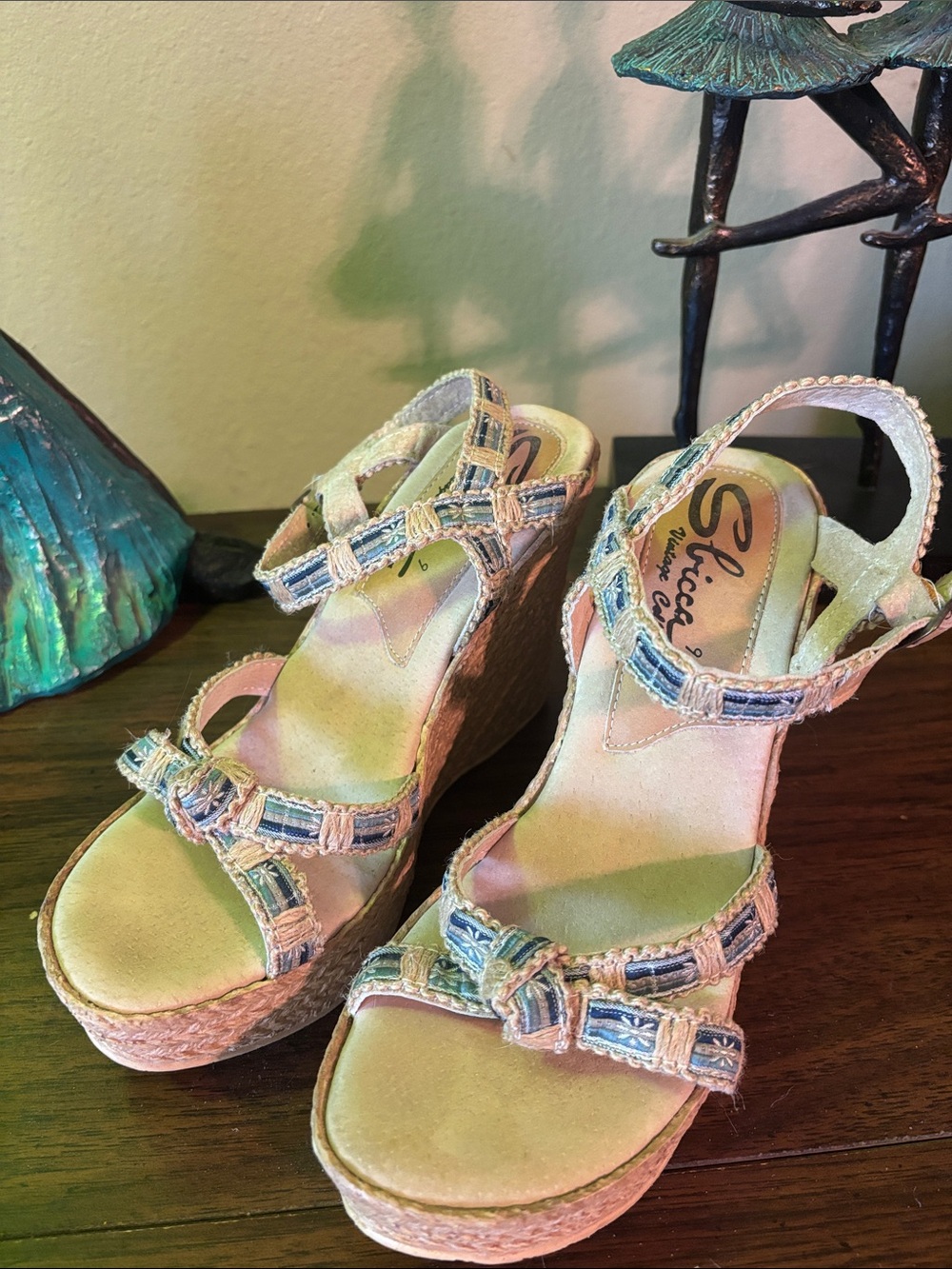 Women's Beige Espadrille Wedge Sandals with Blue Trim